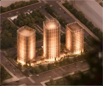BS Towers — три башни комплекса ночью