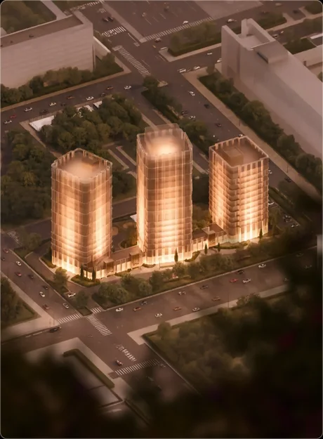 BS Towers — три башни комплекса ночью