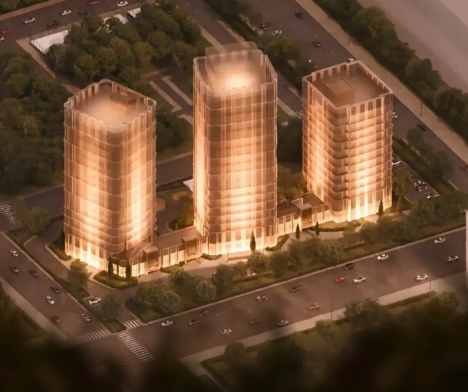 BS Towers — три башни комплекса ночью